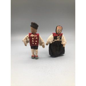 Antique Primitive Wooden Girl Boy Couple Doll Dress Marked 3147 Folk art